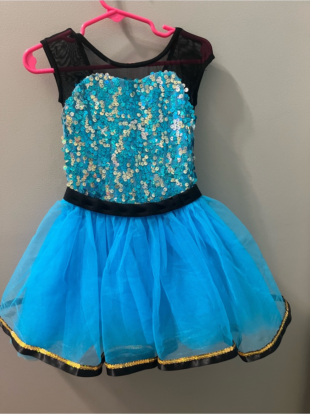 Weissman Blue Sequin Tulle Dance Costume with Gold Trim 
Size XSC (4-5)
$25